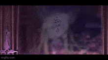 a ghost of a girl with long blonde hair is standing in front of a purple wall .