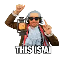 a man wearing a wig and sunglasses is holding a lantern and pointing up with the words this is ai below him