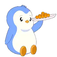 a blue and white penguin is holding a tray of oranges