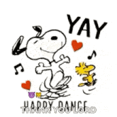 snoopy and woodstock are dancing together in a cartoon .