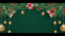 a green background with christmas decorations and gifts