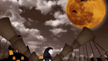 a witch stands in front of a full moon and a castle