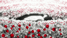 a black and white drawing of a person laying in a field of flowers