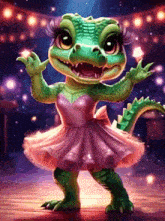 a cartoon crocodile is wearing a pink dress and holding a diamond