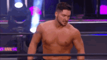 a shirtless wrestler is standing in a wrestling ring without a shirt on .