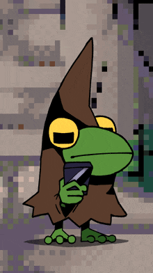 a cartoon frog wearing a hood and holding a phone