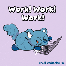 a cartoon drawing of a mouse using a laptop with the words work work work written above it