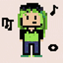 a pixel art of a person with green hair