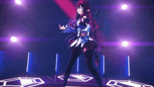 a girl with a fan on her head is standing in front of purple lights