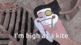 a person is holding a stuffed animal with the words i 'm high as a kite above it