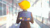 a person is walking down a hallway with a blue backpack on their back