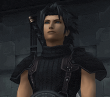 a video game character with blue eyes and a black shirt