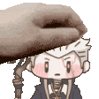 a pixel art of a boy with a hat on his head and a hand holding his head .