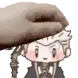 a pixel art of a boy with a hat on his head and a hand holding his head .