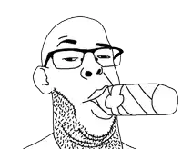 a man with a beard and glasses is smoking a cigar .