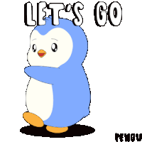a blue and white penguin with the words let 's go written above it
