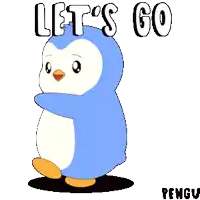 a blue and white penguin with the words let 's go written above it