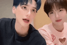 a boy with blue hair is standing next to another boy