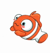 a clown fish is laying down with a bunch of hearts around him .