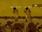 a group of crabs are dancing in front of a yellow wall with the words diyavol1233 and mir2020 on it