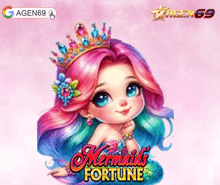 a picture of a mermaid with the words mermaids fortune written on it