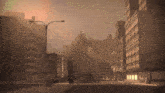 a giant monster is coming out of the fog in a city