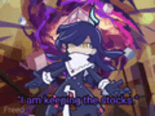 a cartoon character with horns is standing in front of a purple background .