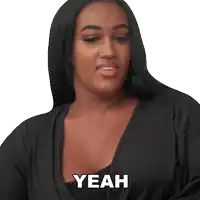 a woman in a black dress says yeah in front of a white background