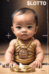 a baby is wearing a gold shirt with a lotto necklace