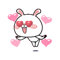 a cartoon rabbit with heart shaped eyes and pink hearts around it