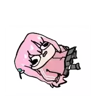 a cartoon girl with pink hair and glasses is laying on her back on a white background .