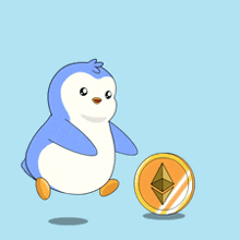 a blue and white penguin is standing next to a gold coin