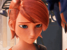 a close up of a cartoon character 's face with red hair