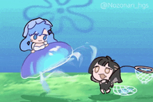 a cartoon drawing of a girl catching a jellyfish with a net