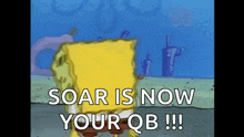 a cartoon of spongebob saying " soar is now your qb "