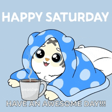 a cat wrapped in a blue blanket holding a cup of coffee