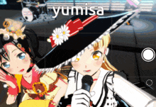 two anime girls are standing next to each other and the word yumisa is on the bottom right