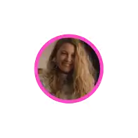a woman in a pink circle is smiling