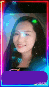 a woman 's face is surrounded by hearts and a purple box that says jnshow