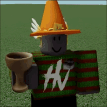 a roblox character is wearing a cone hat and holding a goblet .