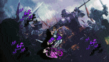 a painting of a man riding a horse with a sword in his hand surrounded by soldiers