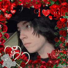 a picture of a man with red roses and hearts with the words i love you