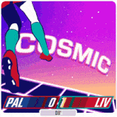a cosmic logo with a soccer player jumping