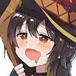 a close up of a girl wearing a hat and holding a stick .
