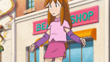 a cartoon girl in a pink skirt is standing in front of a store .