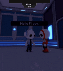 two cartoon characters are standing next to each other in a room with the words hello flippy on the screen