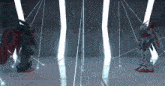 two robots are standing next to each other in a room with a lot of lights