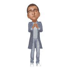 a cartoon of a man wearing glasses and a blue coat is standing with his hands folded .