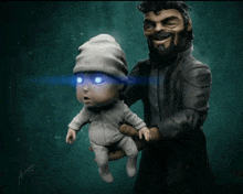a drawing of a man holding a baby with glowing blue eyes