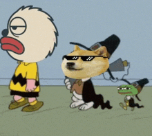 a doge wearing sunglasses is standing next to a charlie brown character